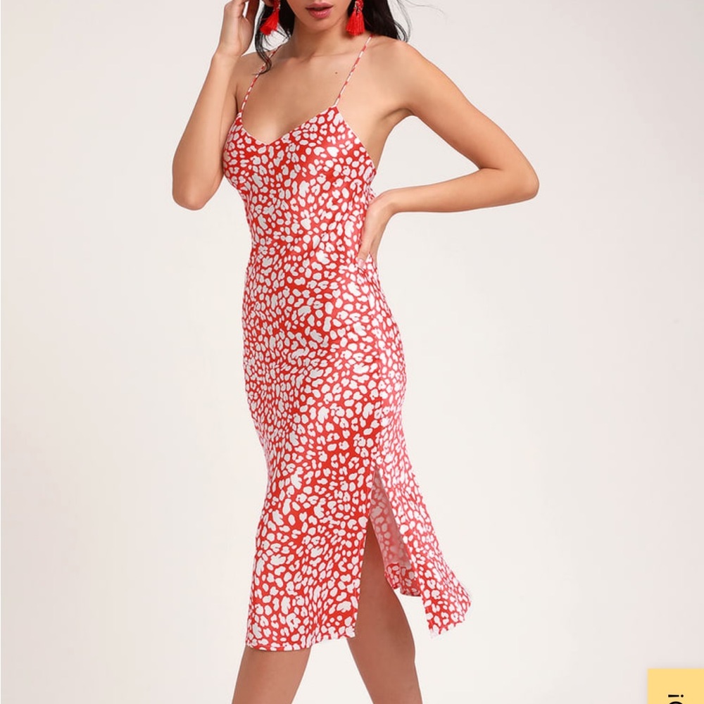 Lulus Calling my spirit red animal print satin sheath midi dress Small